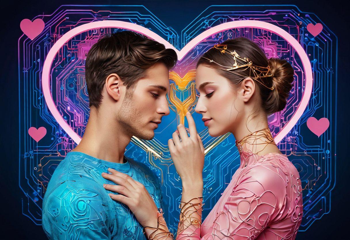 A whimsical digital collage showcasing a couple intertwined within a vibrant network of glowing lines connecting hearts and devices, symbolizing love and attachment in a technological world. The background features abstract tech elements like circuit patterns and social media icons, showcasing the fusion of romance and digital connectivity. Ethereal colors of pink, blue, and gold add a romantic yet modern touch. surrealistic. vibrant colors. intricate details.