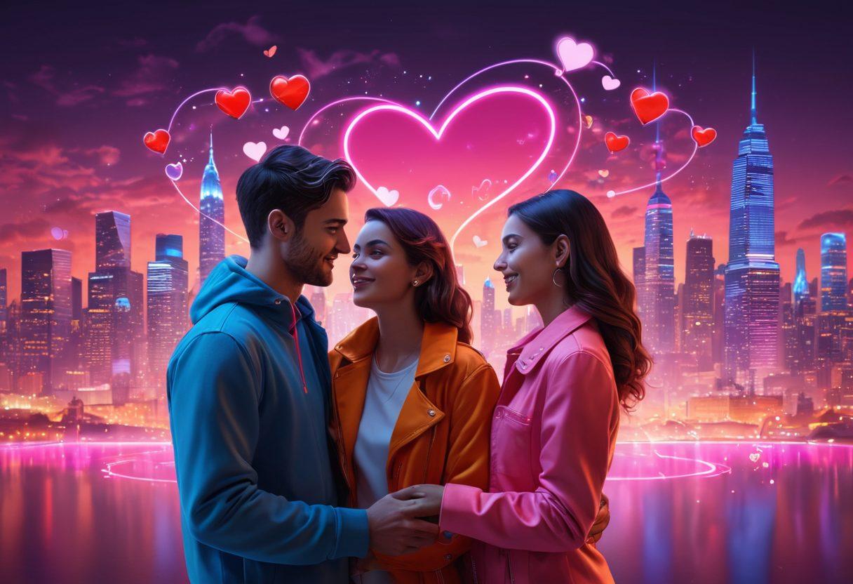 A vibrant scene depicting a couple engaged in a video call, surrounded by symbols of love and technology like floating hearts and digital chat bubbles. The background features a soft blend of warm and cool colors, representing the balance of emotions and technology. Include a city skyline in the distance illuminated by neon lights to suggest the digital world. The couple should appear joyful and connected despite the distance, symbolizing modern love. super-realistic. vibrant colors. 3D.