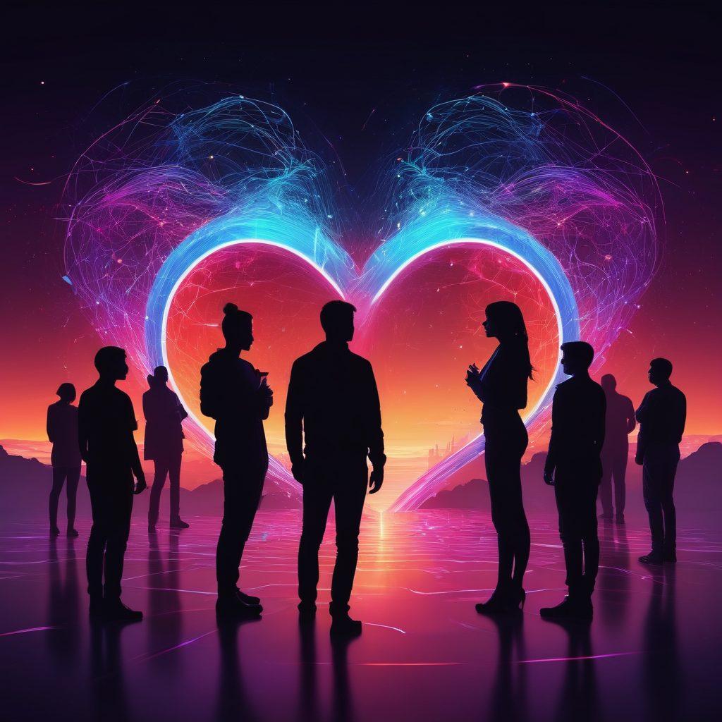 A vivid digital landscape intertwining human silhouettes with glowing heart icons, symbolizing deep emotional connections in cyberspace. The background features abstract representations of social media networks, with swirling colorful lines connecting the figures. The atmosphere conveys warmth and intimacy amid the technological theme. neon colors. vibrant. futuristic.